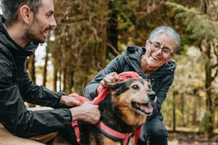 a man and woman petting a dog in the woods