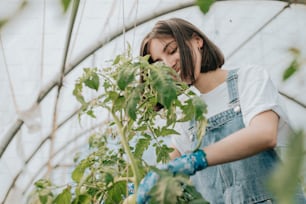 Une femme en salopette s’occupant des plantes dans une serre