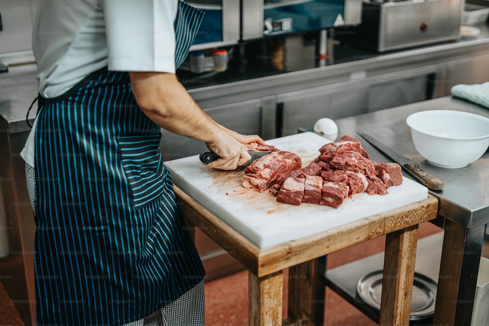a chef chopping meat on a cutting board