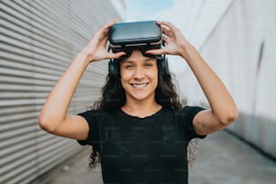 a woman wearing a headset with a camera on top of her head