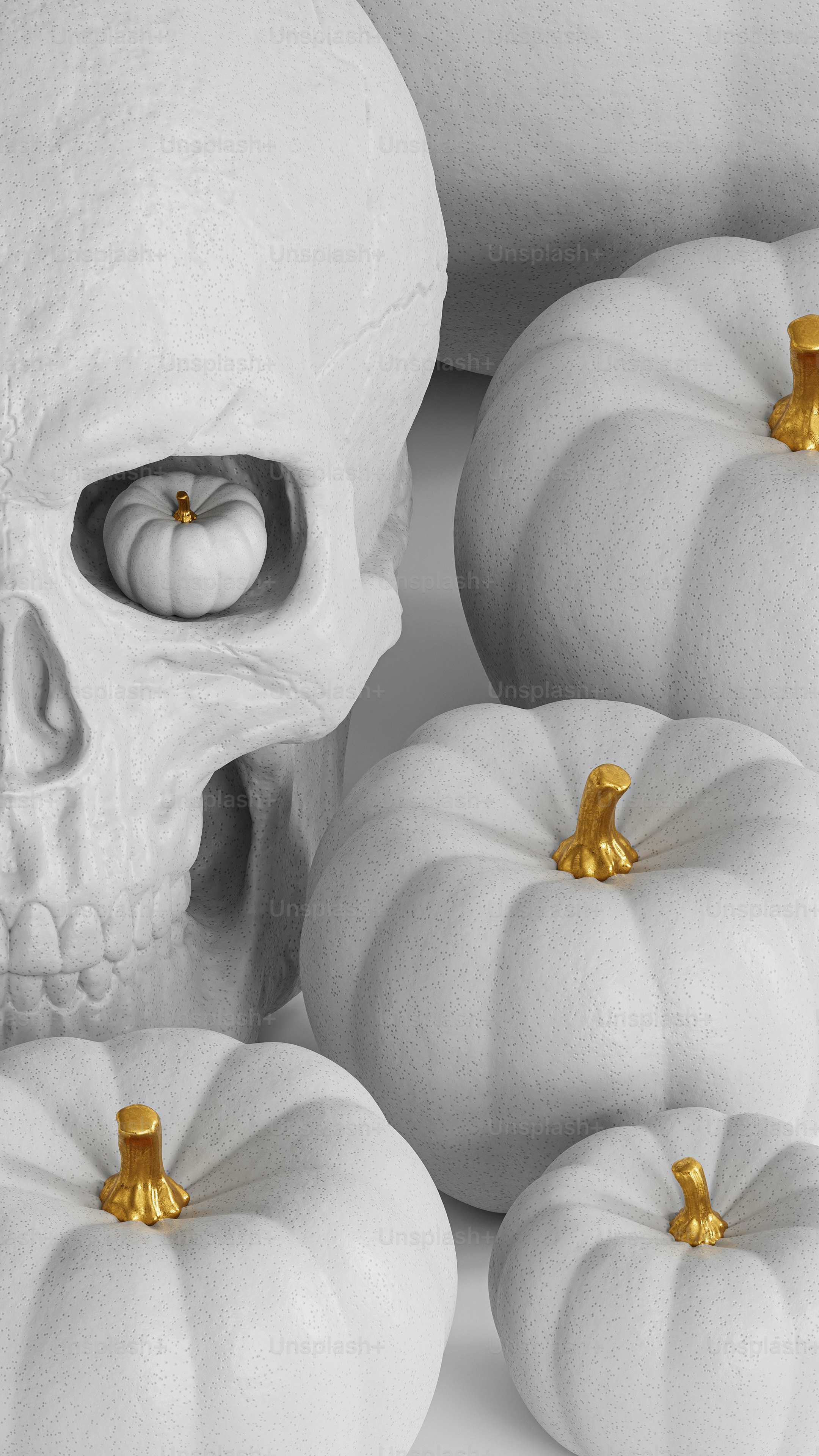 eine Gruppe weißer Kürbisse mit einem Totenkopf in der Mitte