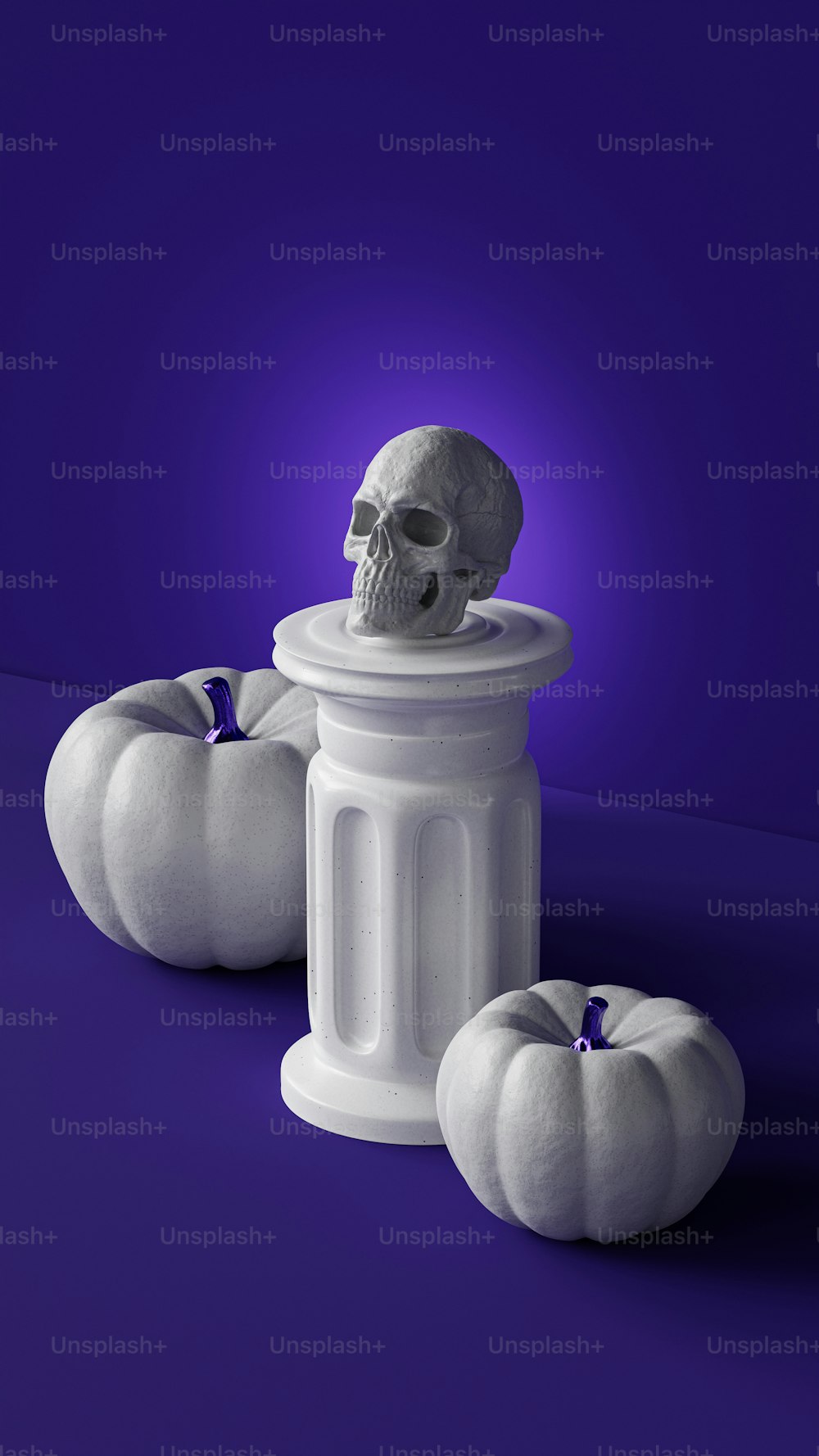 two white pumpkins and a skull statue on a purple background