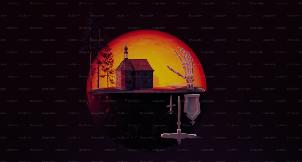 Un dipinto di una casa su uno scaffale