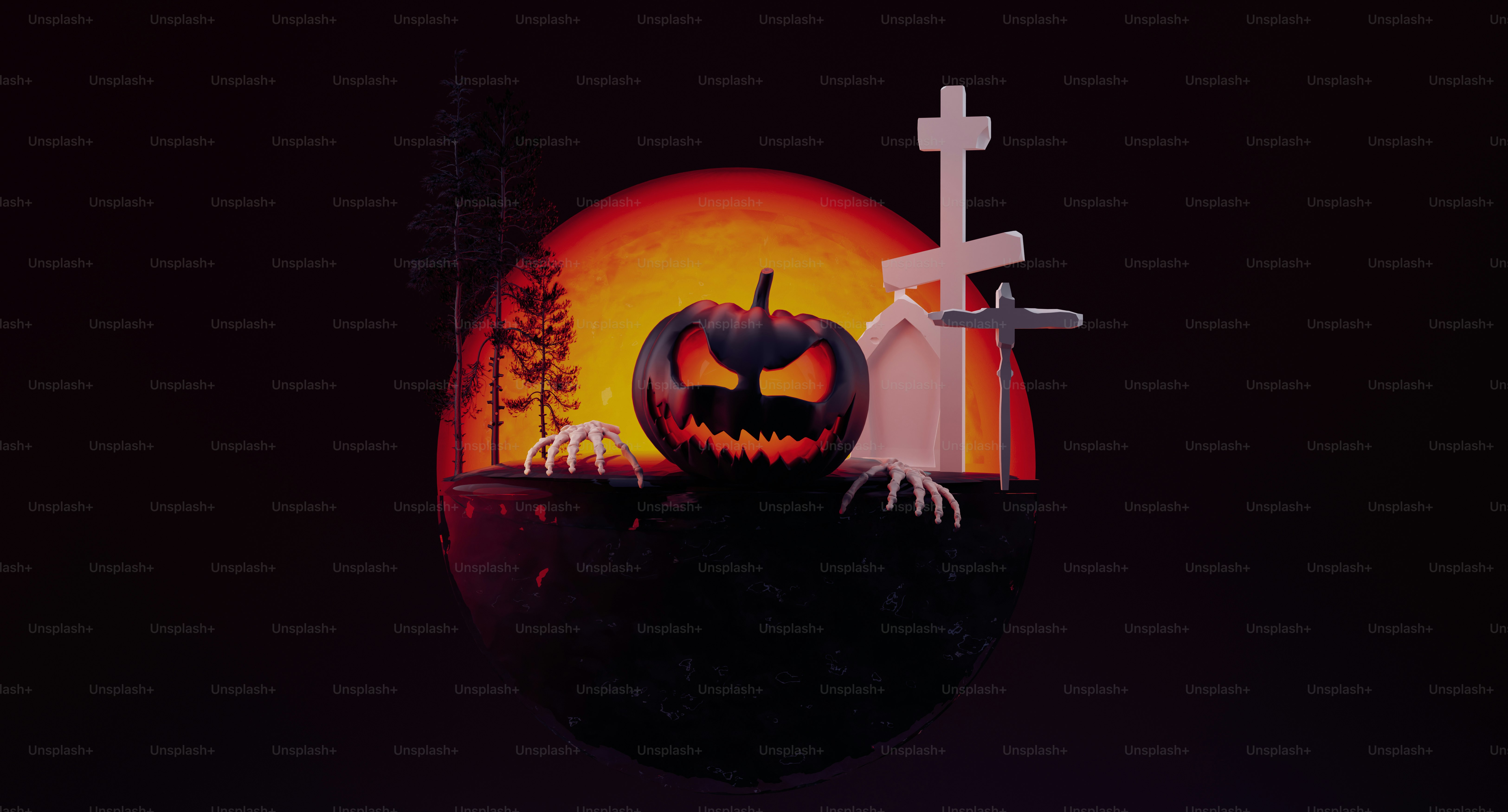 a halloween scene with a pumpkin and a cross