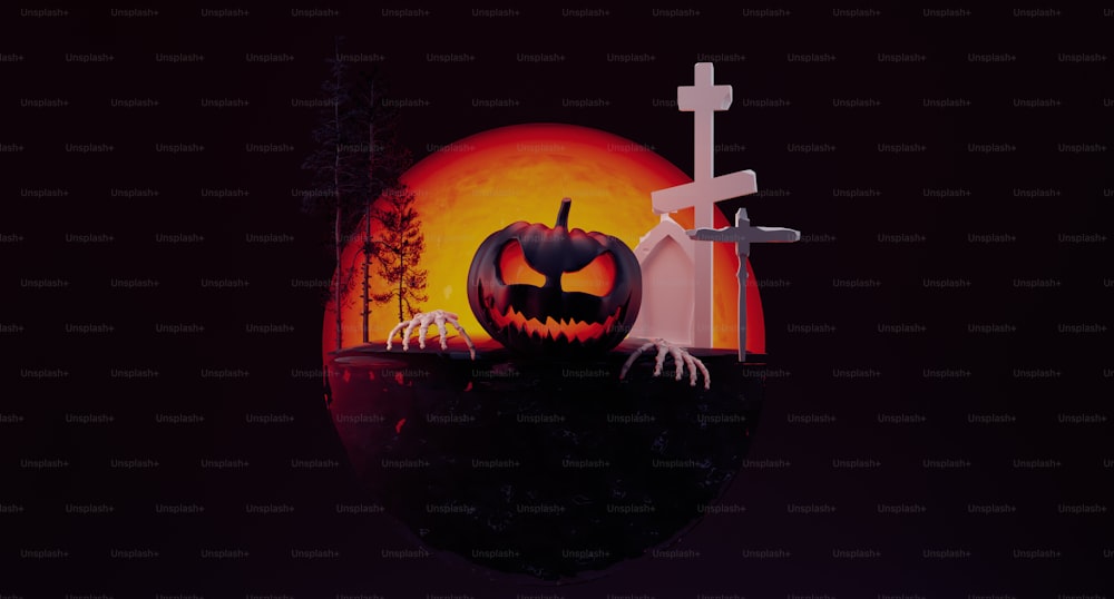 Una escena de Halloween con una calabaza y una cruz