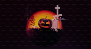 a halloween scene with a pumpkin and a cross