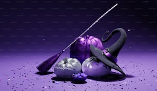un fondo púrpura con un paraguas negro y algunas bolas moradas