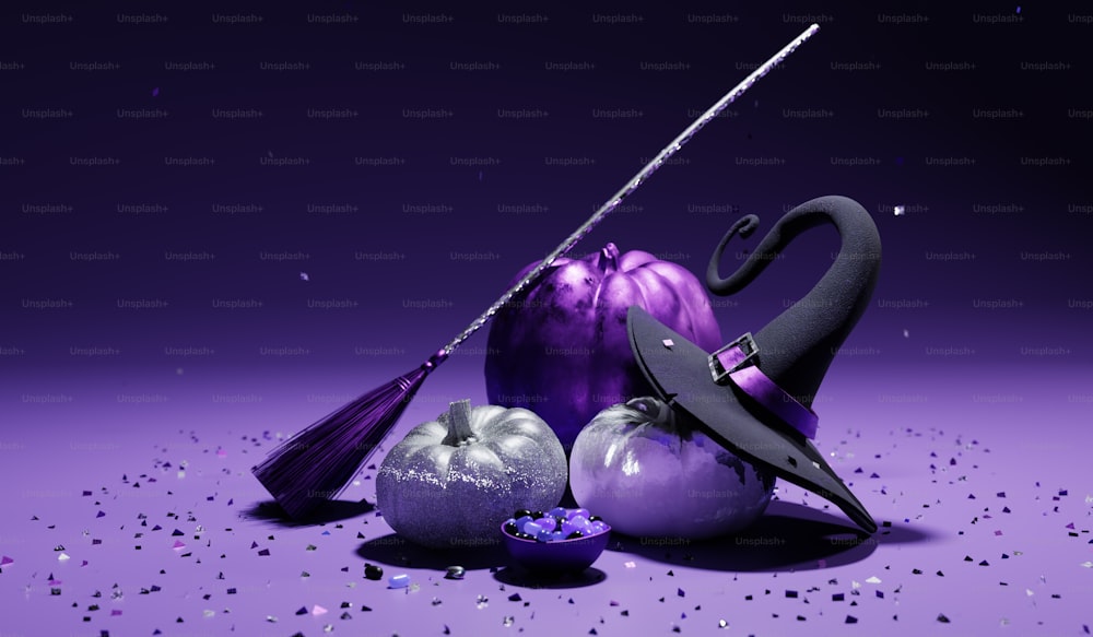 uno sfondo viola con un ombrello nero e alcune palle viola