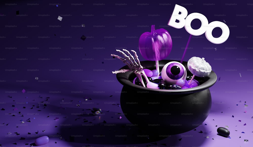 a black bowl filled with purple and white items