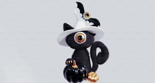 um gato preto com um chapéu branco e uma abóbora