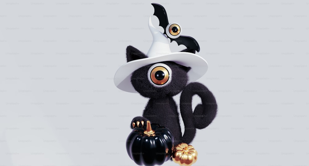 a black cat with a white hat and a pumpkin