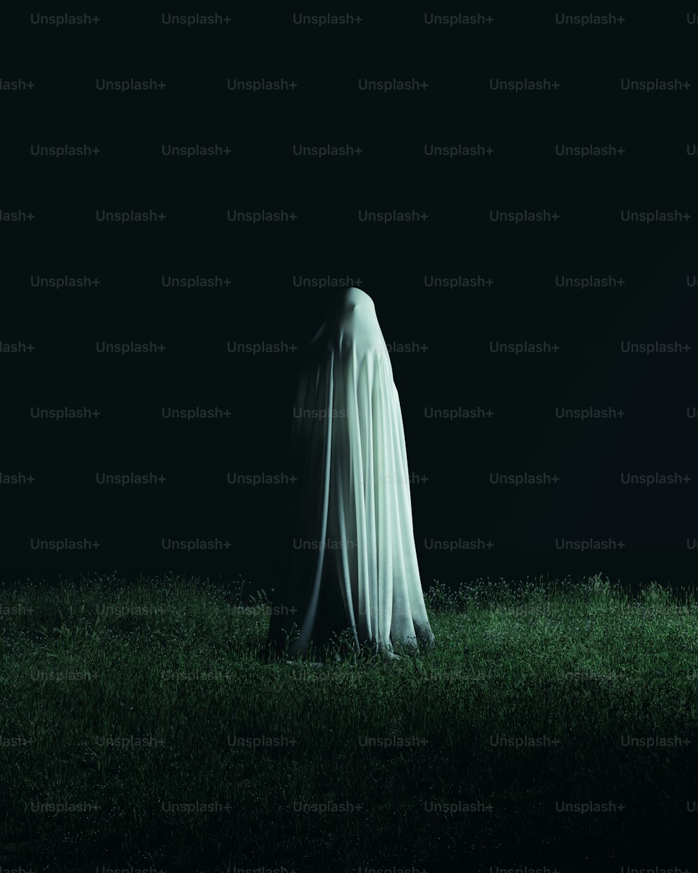 Un fantôme fantomatique debout dans l’herbe la nuit