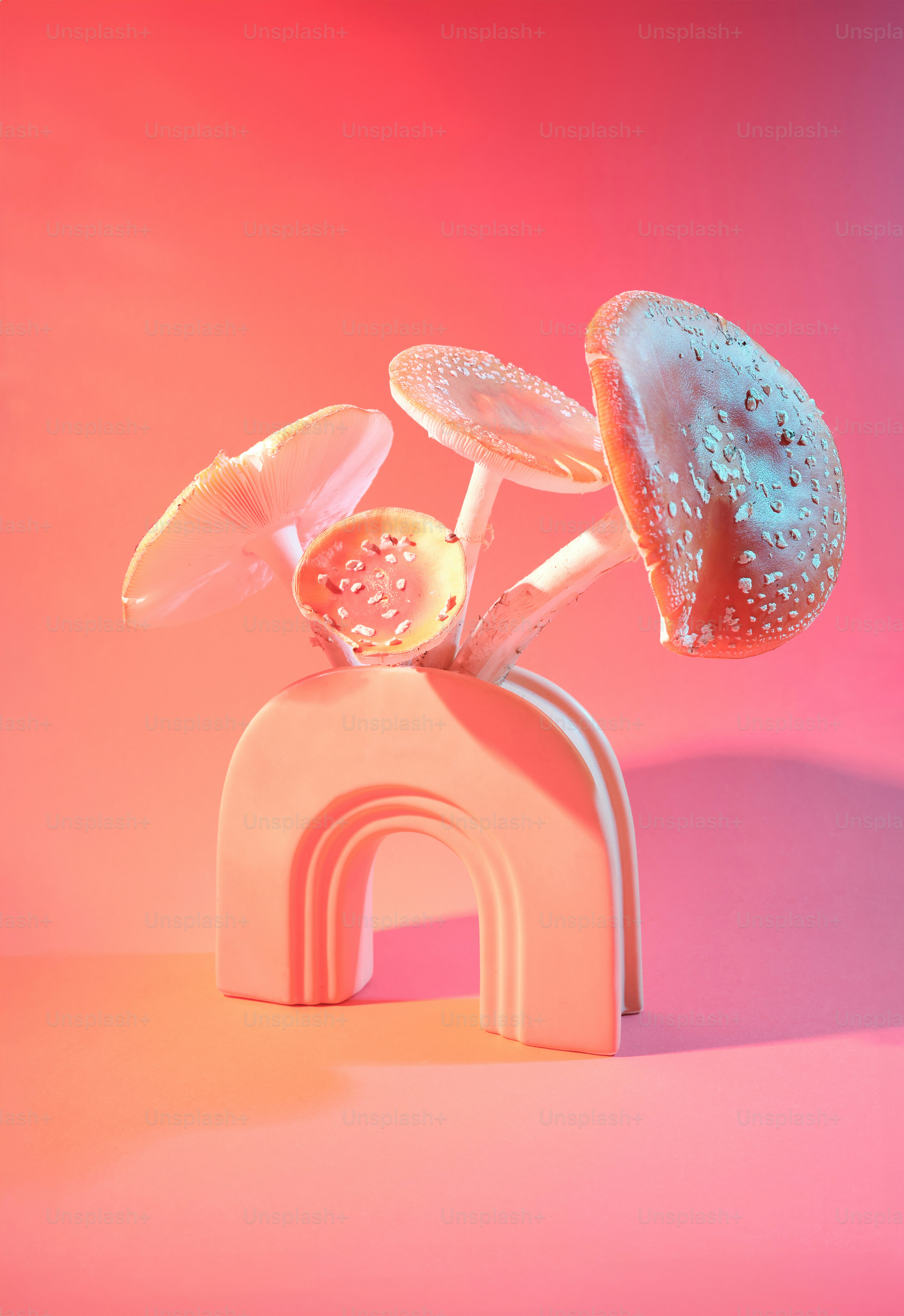 a sculpture of mushrooms on a pink background
