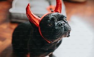 un petit chien noir avec des cornes rouges sur la tête