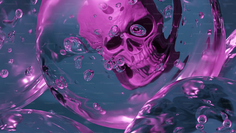 Un crâne violet est entouré de bulles d’eau