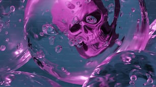 Una calavera púrpura está rodeada de burbujas de agua