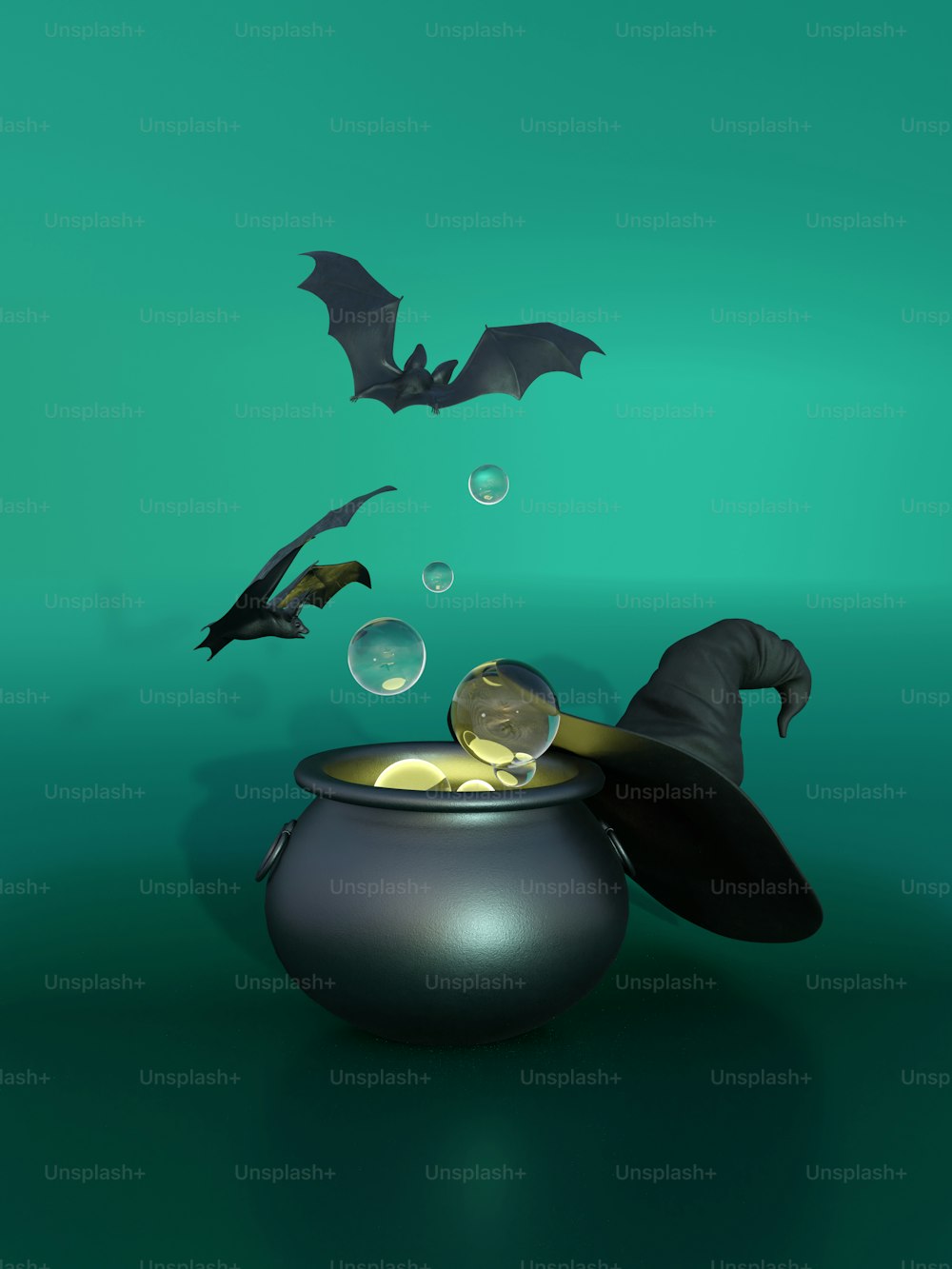 a witch's caulder with a gold coin in it and a bat