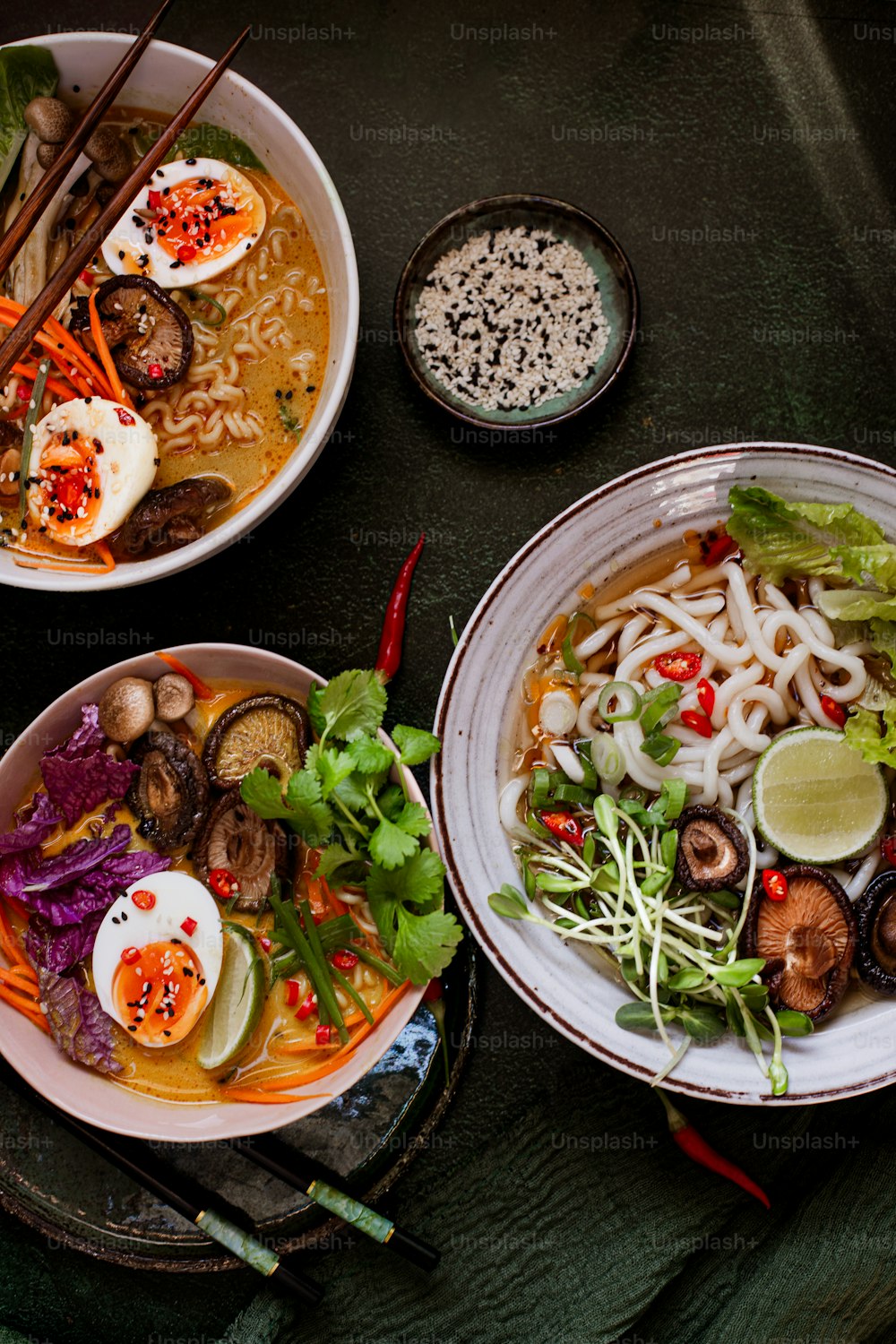 a table topped with plates of food and bowls of soup