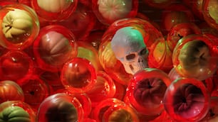 a bunch of balls with a skull in the middle of them