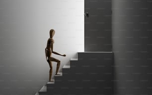 a wooden mannequin walking up a set of stairs