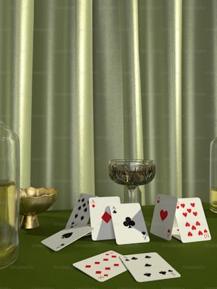 a table topped with playing cards next to a glass of wine