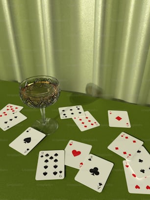 a glass of wine and playing cards on a table