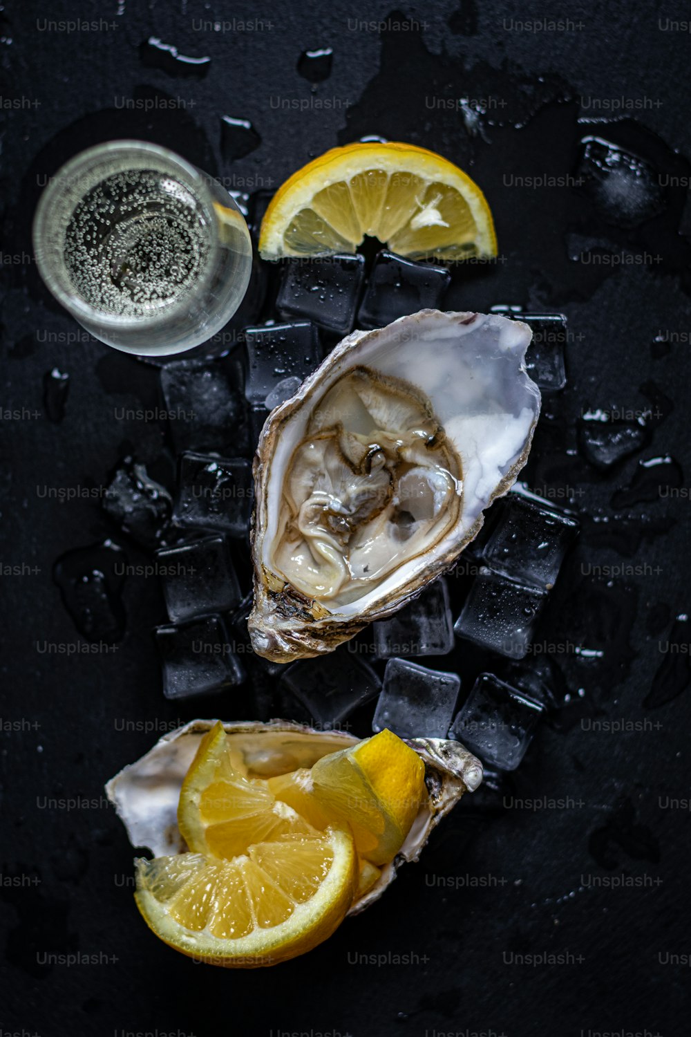 two oysters on ice with lemon slices and a glass of water