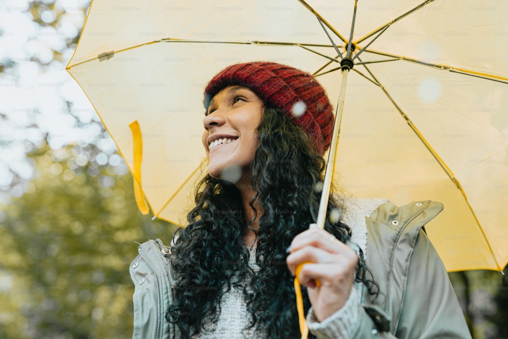 Une femme tenant un parapluie jaune et souriant