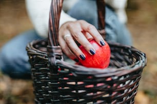 a woman holding a basket with an apple in it