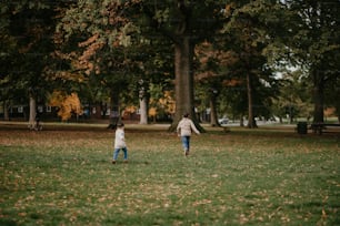 a man and a little girl walking through a park