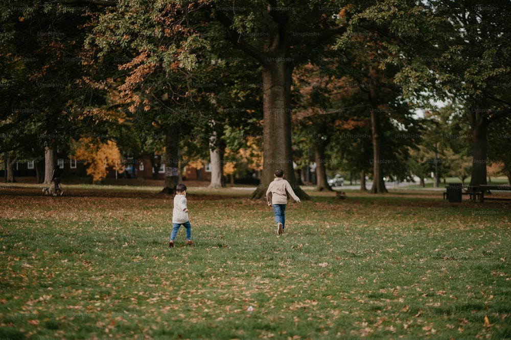 Un hombre y una niña caminando por un parque