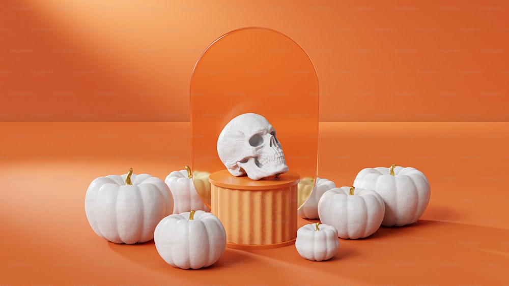 a skull sitting on top of a table surrounded by white pumpkins