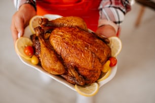 a person holding a plate with a turkey on it