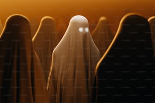 Un grupo de personas fantasmales de pie en una fila