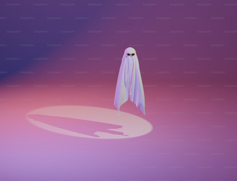 a white ghost standing in the middle of a purple background