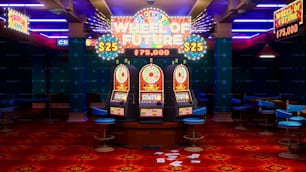 Una sala de casino muy iluminada con máquinas tragamonedas