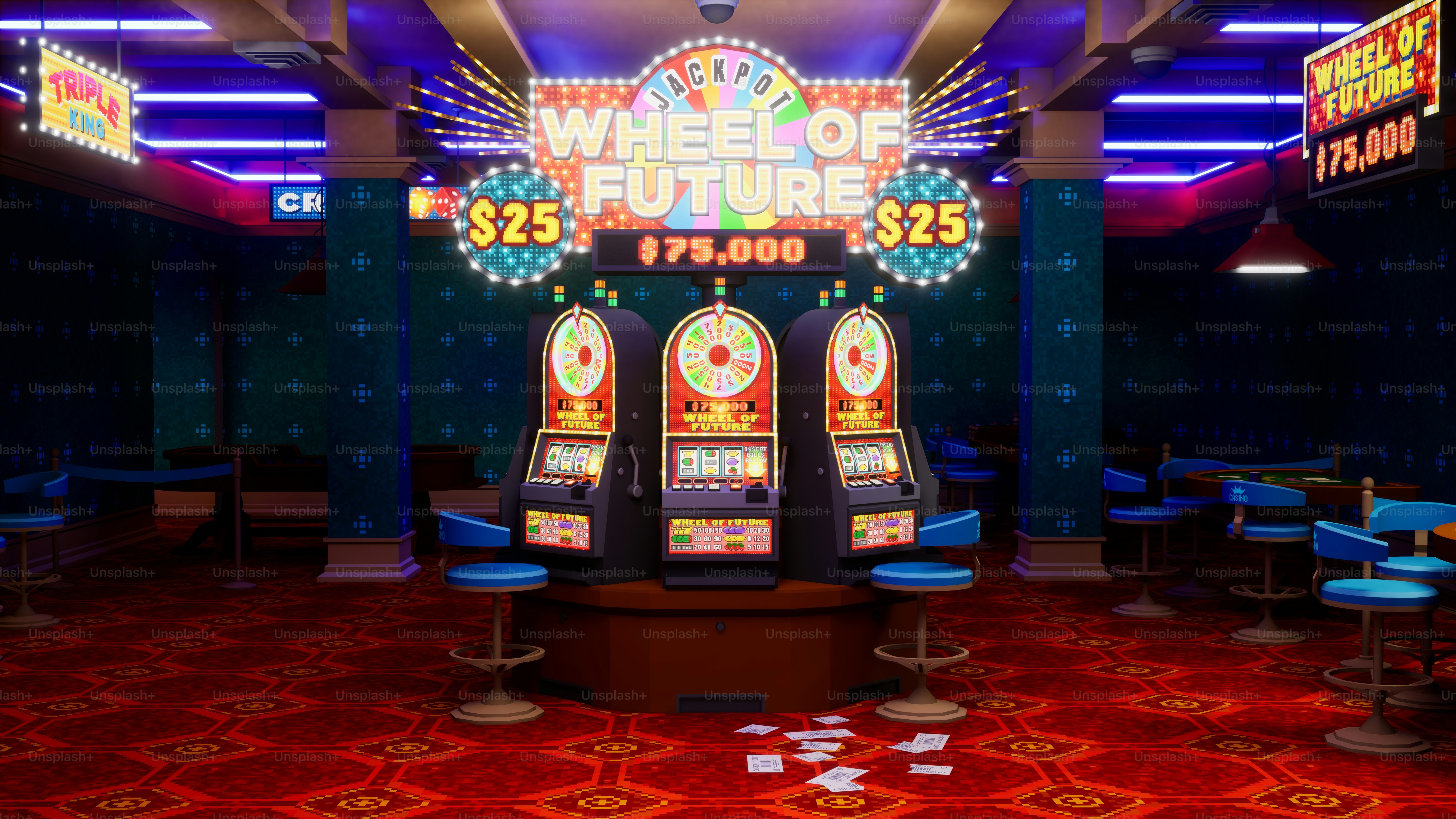 a brightly lit casino room with slot machines