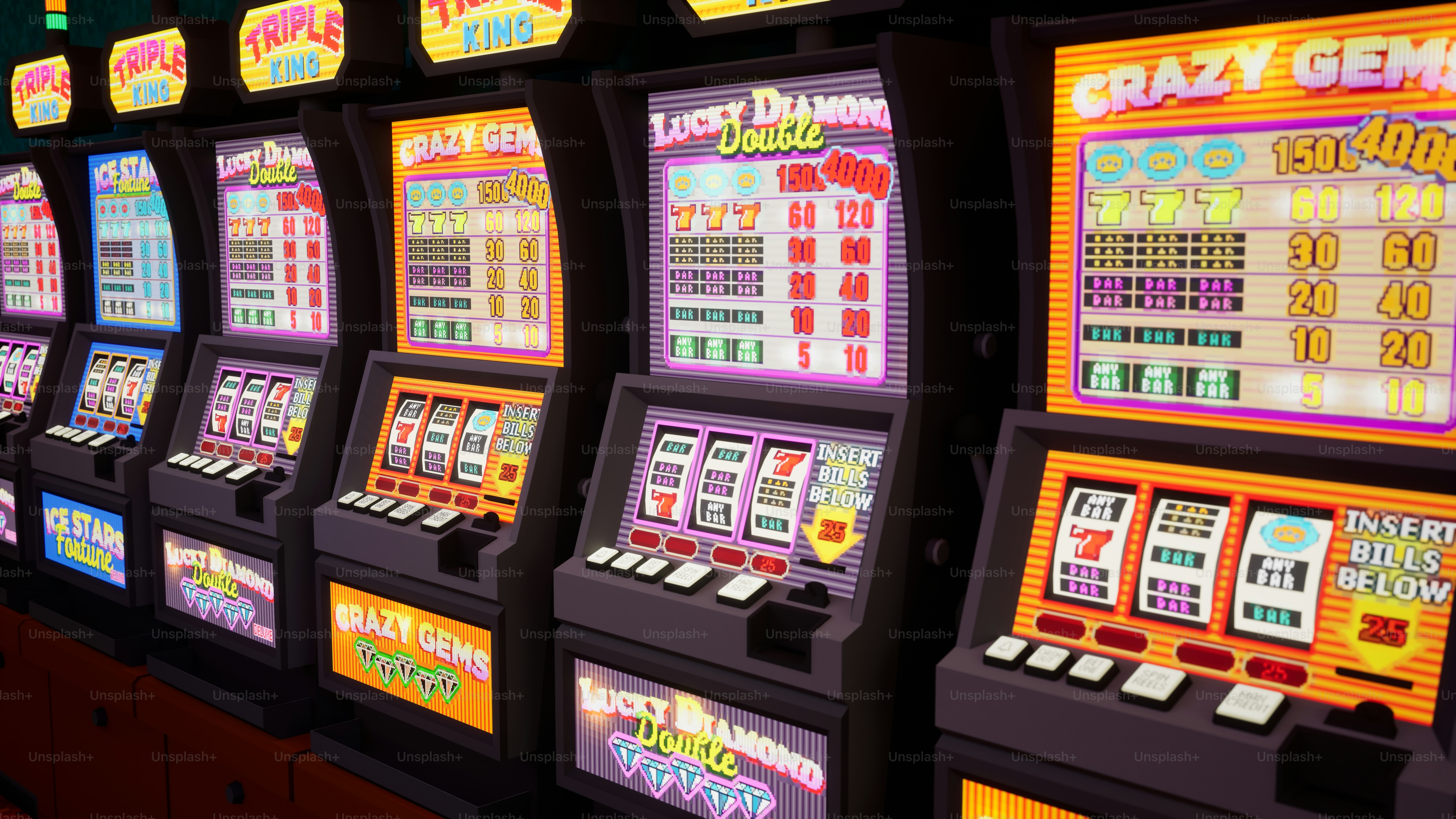 a row of slot machines sitting next to each other