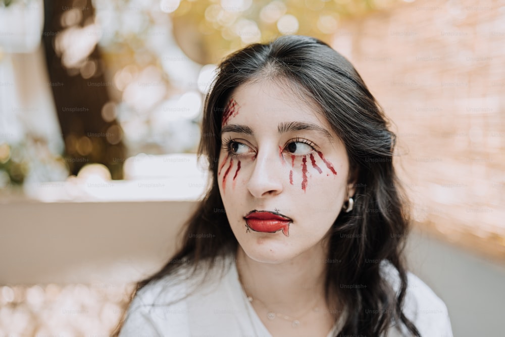 uma mulher com sangue pintado no rosto