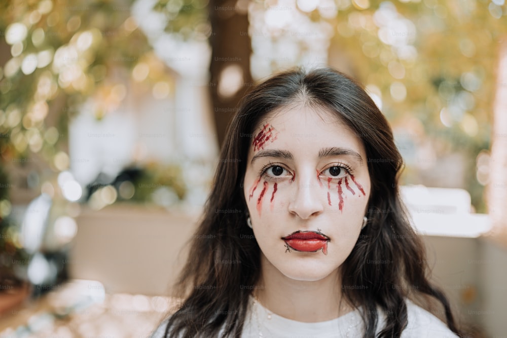 Una donna con il sangue dipinto sul suo viso