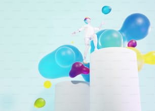a person standing on top of a white pillar surrounded by balloons