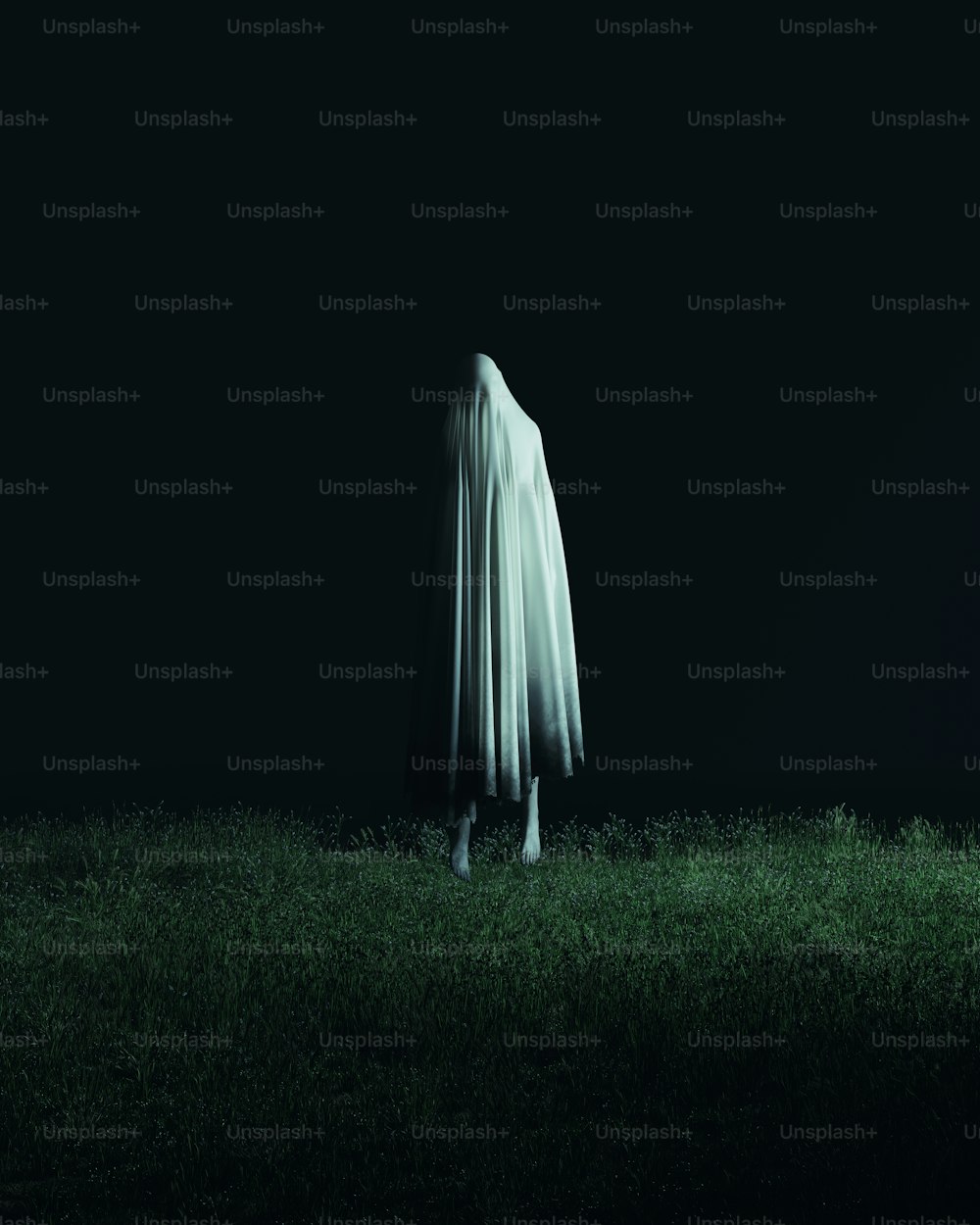 uma figura fantasmagórica em pé em um campo à noite