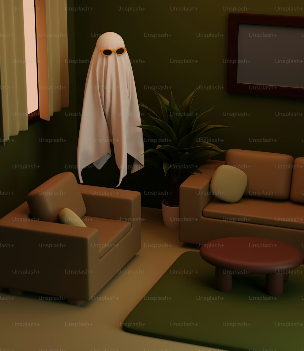 uma sala de estar cheia de móveis e um fantasma