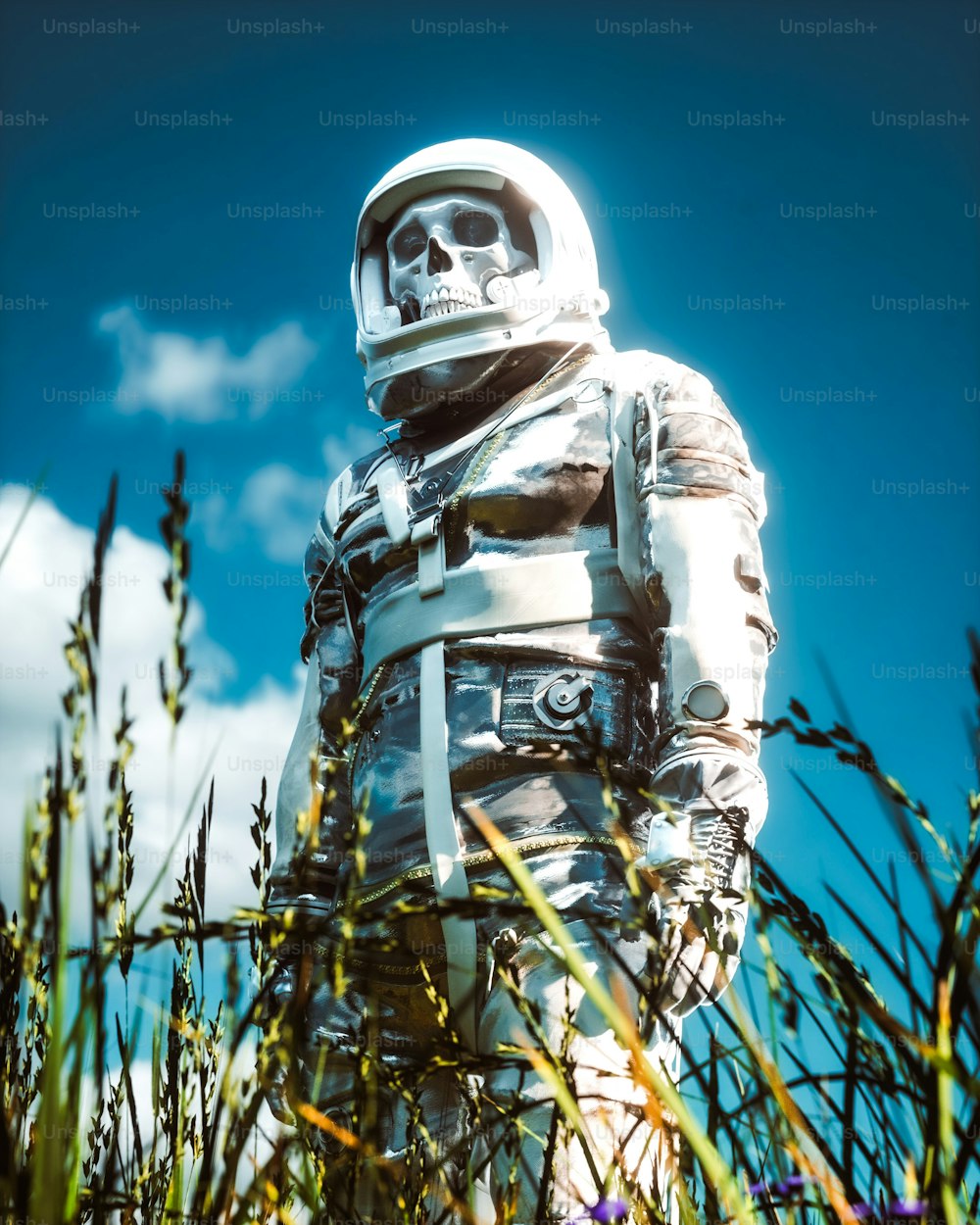 a man in a space suit standing in tall grass