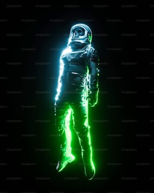 a man in a space suit standing in the dark