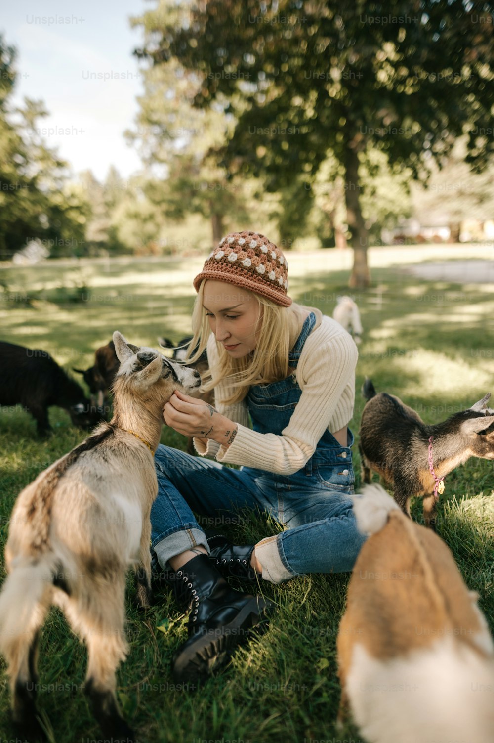 a woman sitting in the grass with two dogs