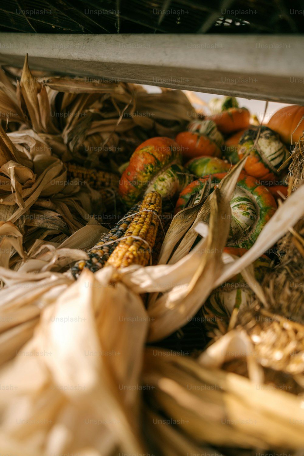 a corn cob and other vegetables in a bin