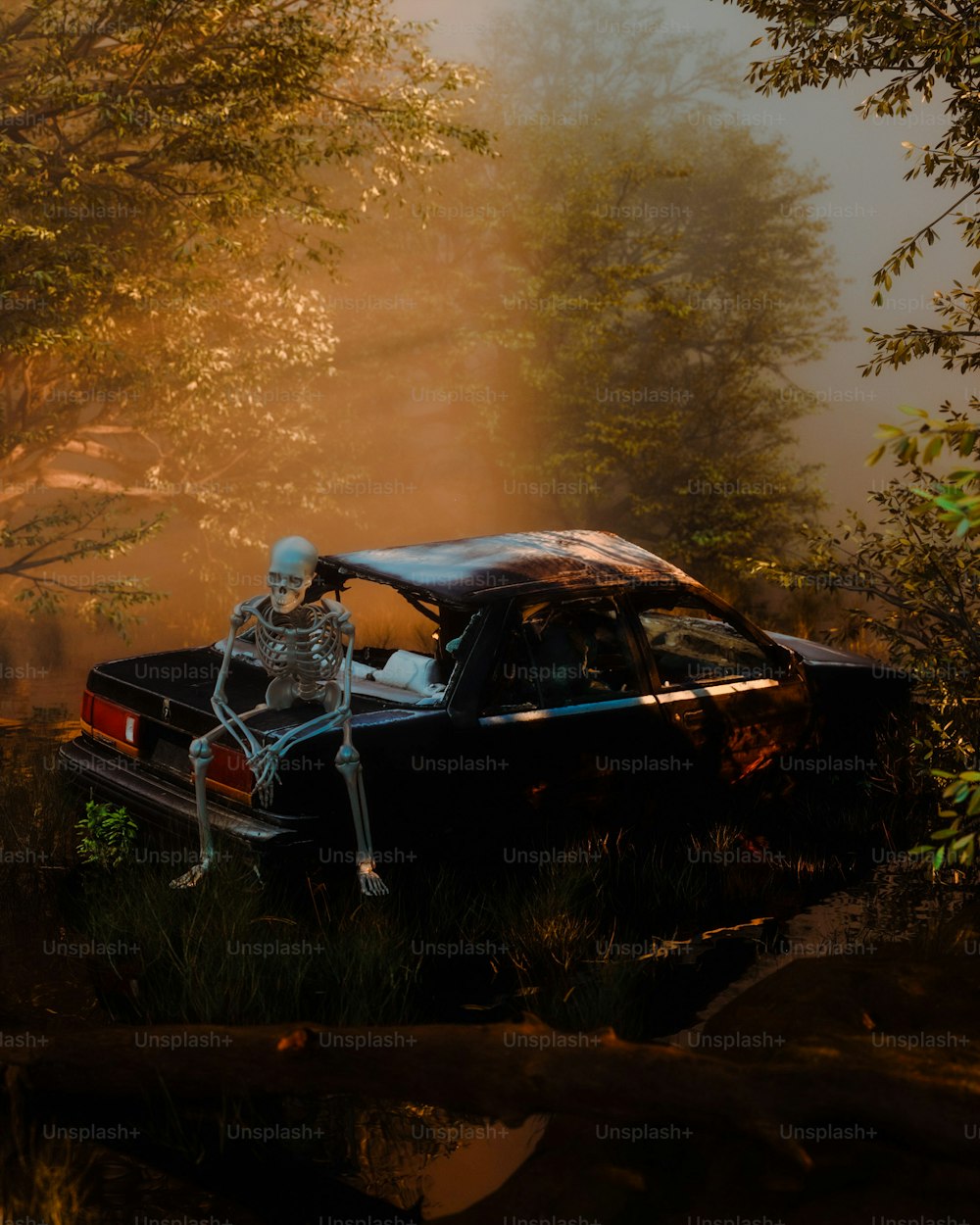 a skeleton sitting on the hood of a car