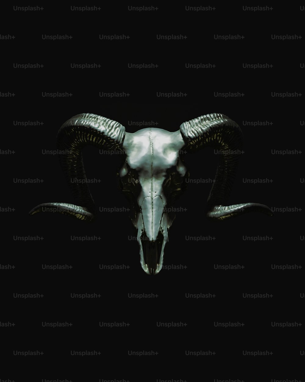 a ram's head with large horns on a black background