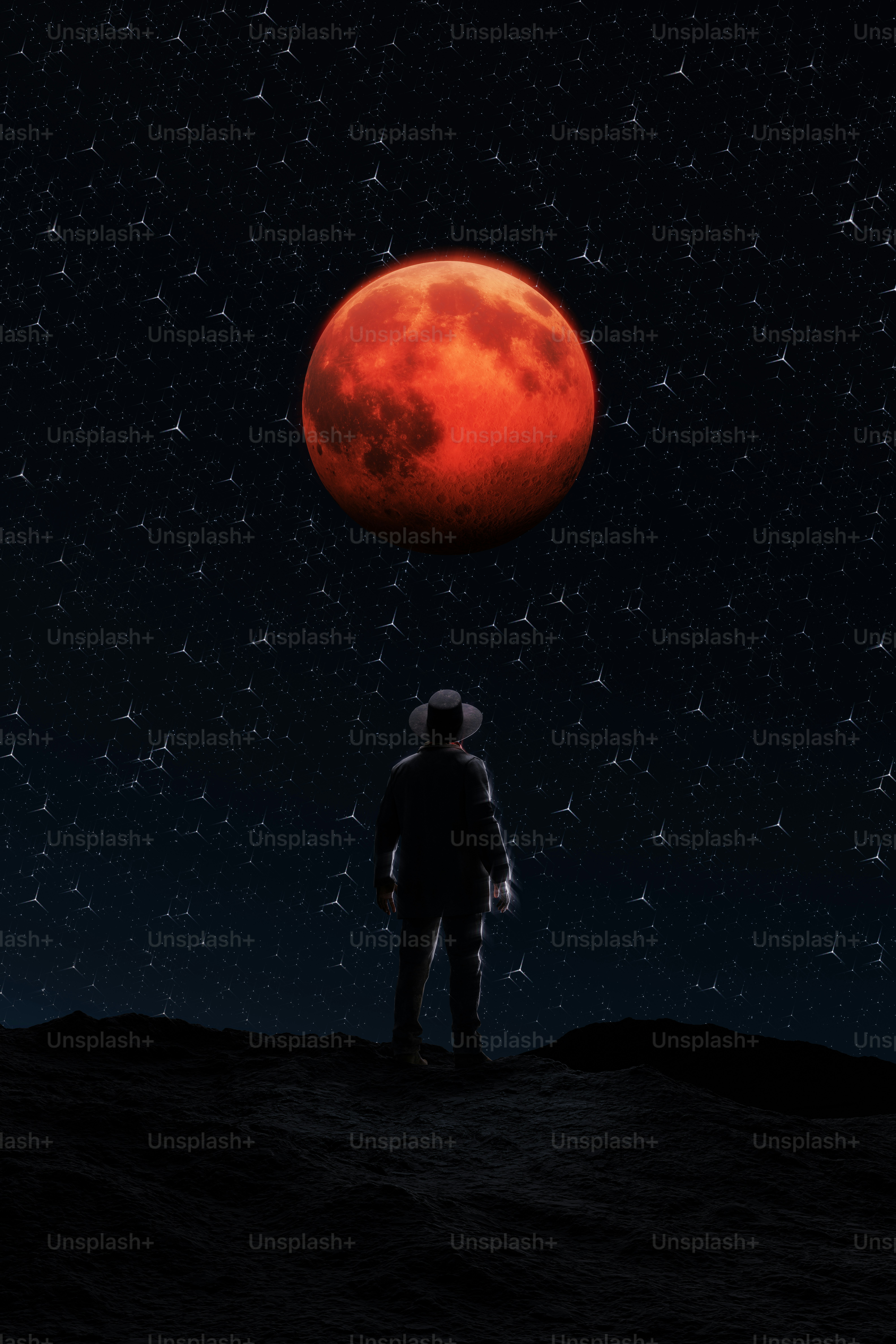 3D render of a person looking at the Moon during a total lunar eclipse in the night sky.